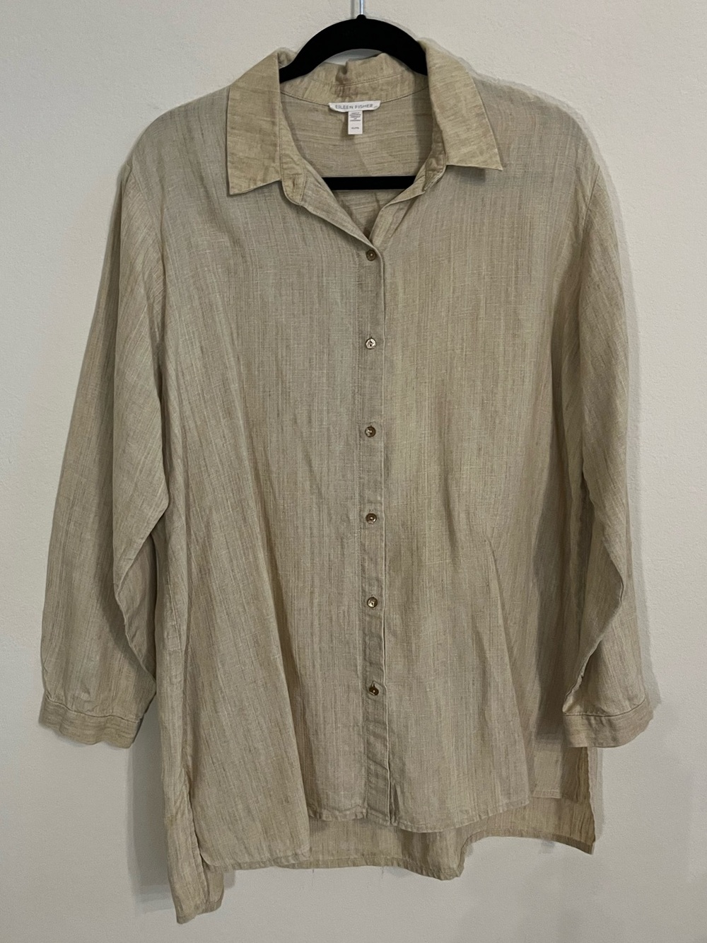 Eileen Fisher Butter Yellow Organic Linen Button Up Blouse Lagenlook Size XL